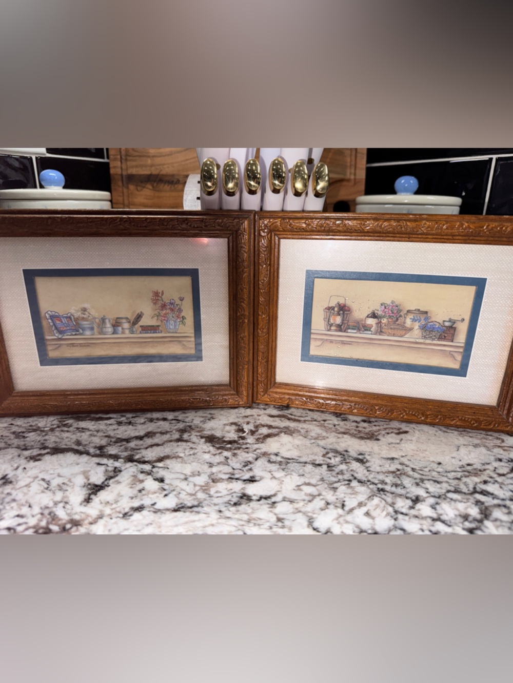 Set of 2 Vintage Kitchen Still Life Prints in Ornate Wood Frames - Blue & Brown